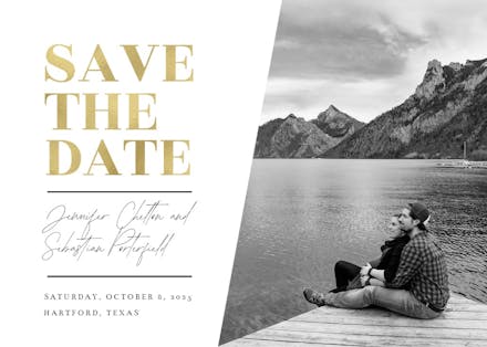 Golden capital lettering - save the date card