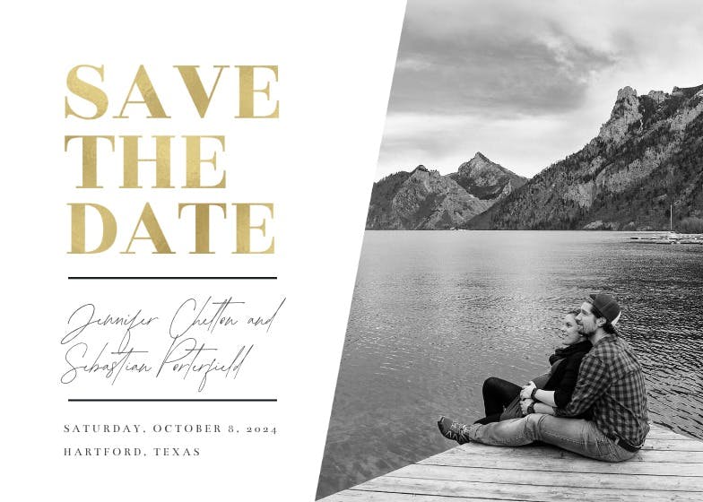 Golden capital lettering - save the date card