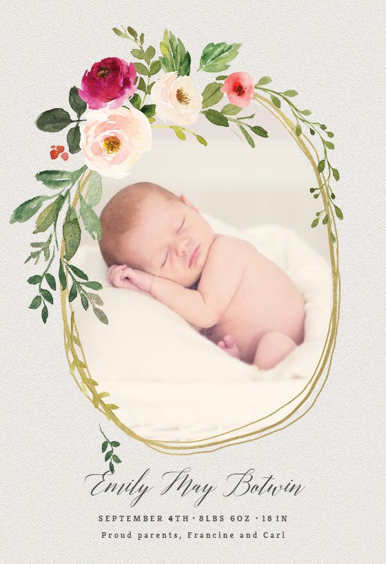 Golden floral wreath - birth announcement card
