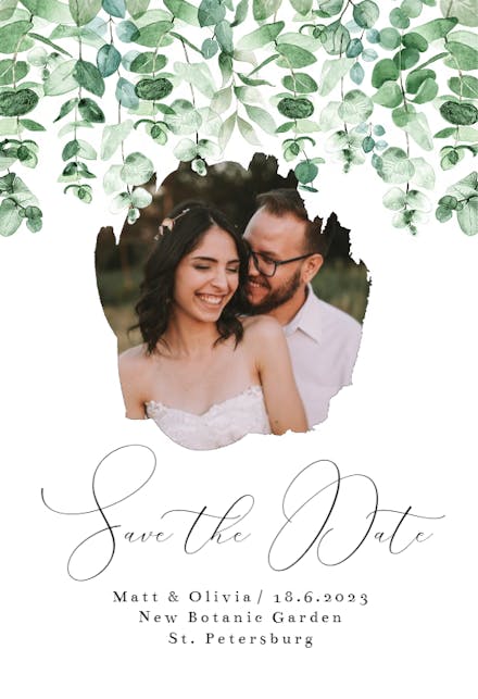Greenery  eucalyptus rustic frame - Save the Date Card
