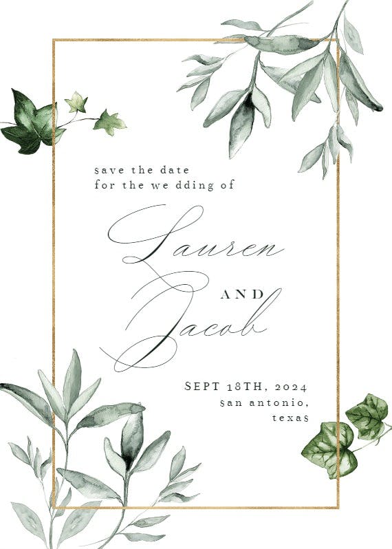 Greenery and gold frame - save the date card