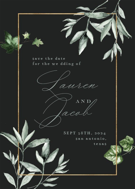 Greenery and gold frame - save the date card