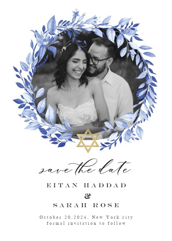 Jewish star blue wreath - save the date card