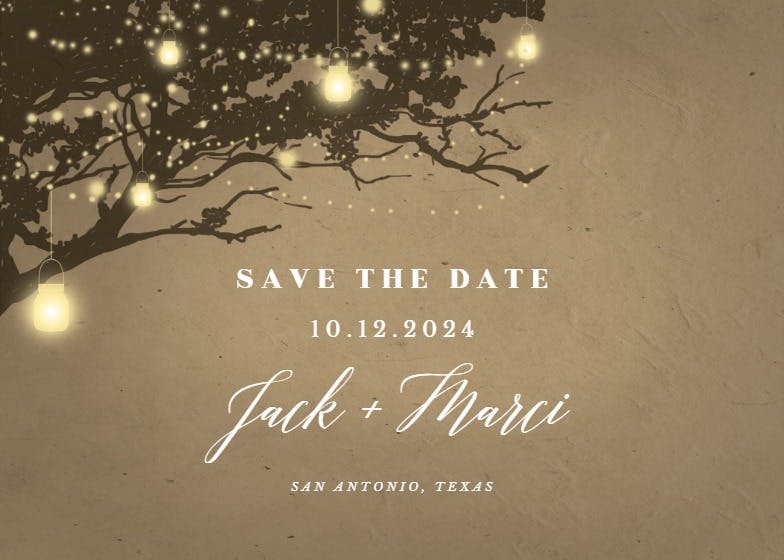 Lights on oak tree - save the date card
