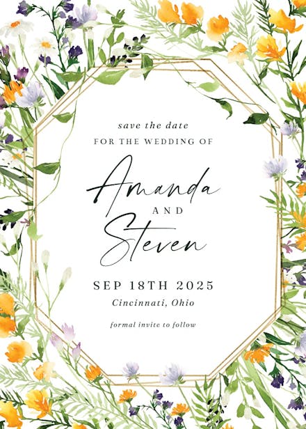Meadow flowers golden frame - save the date card
