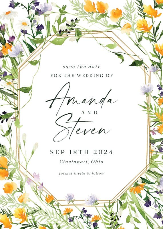 Meadow flowers golden frame - save the date card