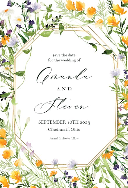 Meadow Flowers Golden Frame - Save the Date Card