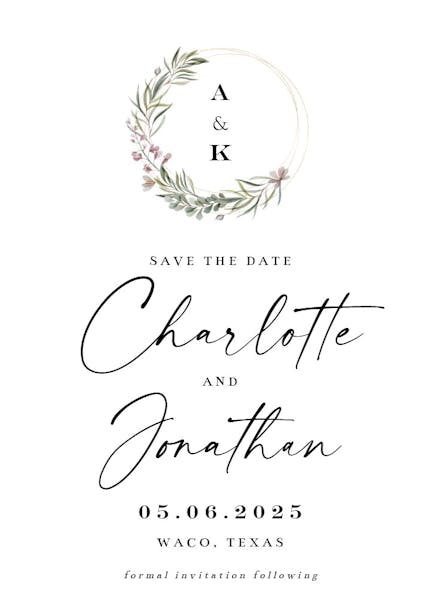Monogram wreath - save the date card