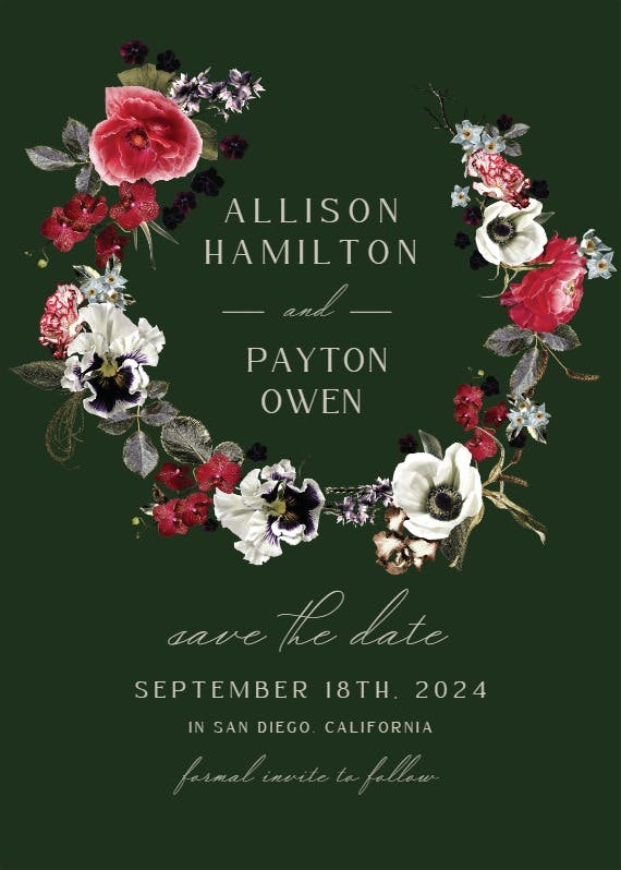 Moody flower wreath - save the date card