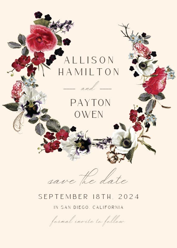 Moody flower wreath - save the date card