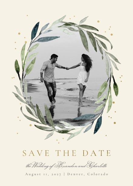 Olive leaves wreath - save the date card