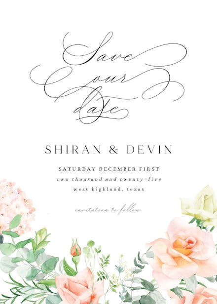 Peach and greenery - save the date card