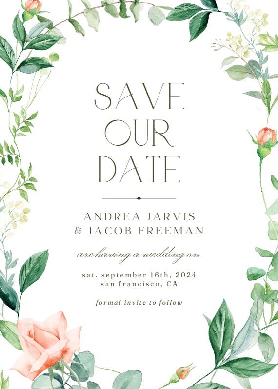Peach and greenery frame - save the date card