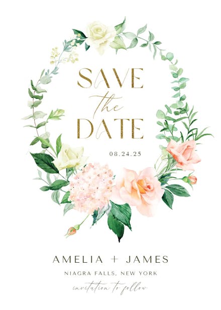 Peach and greenery wreath - save the date card