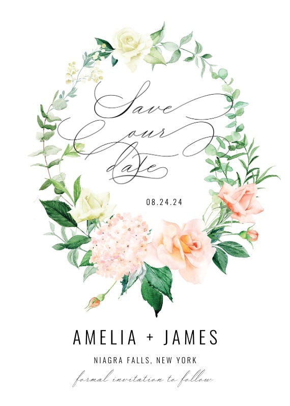 Peach and greenery wreath - save the date card
