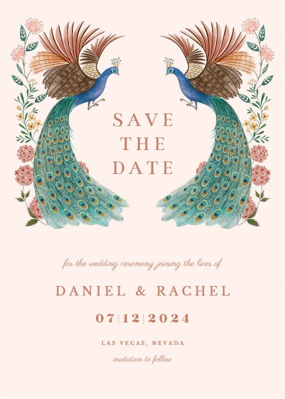 Peacock & flowers - save the date card