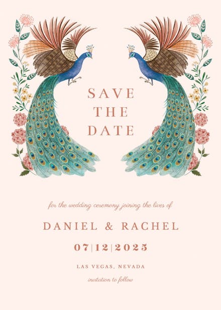 Peacock & flowers - save the date card