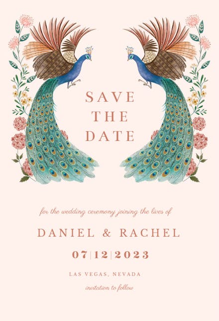 Peacock & flowers - Save the Date Card