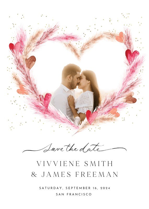 Pink pampas with hearts - save the date card