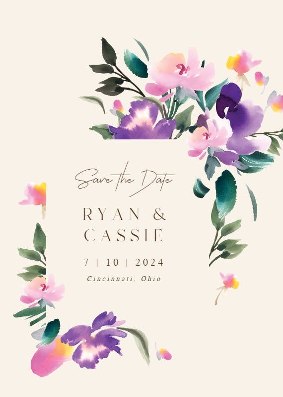Purple flowers - save the date card