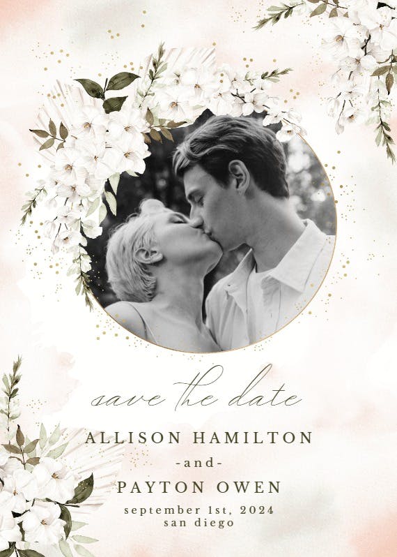 Romantic white flowers frame - save the date card