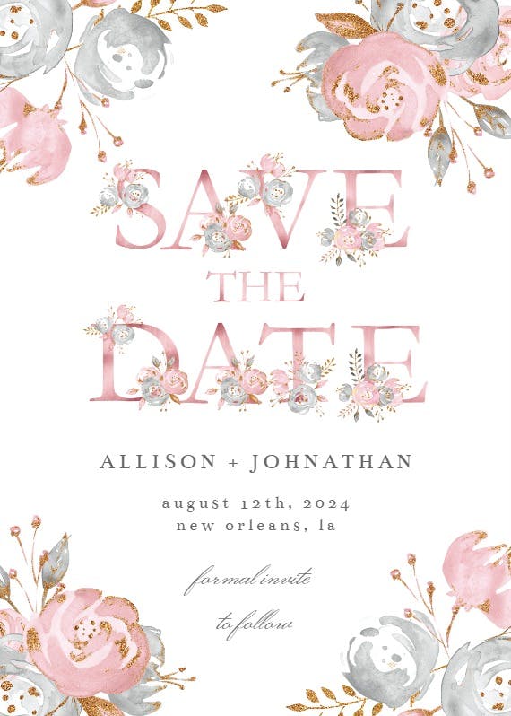 Rose gold alphabet - save the date card