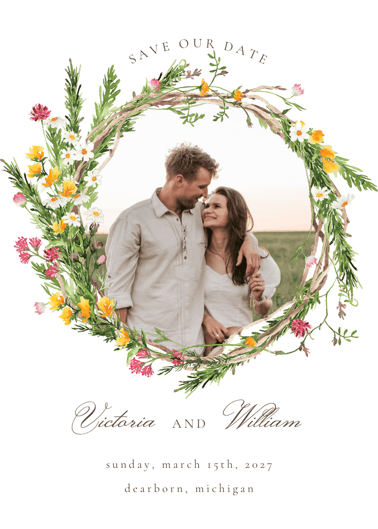 Spring flowers wreath photo - save the date card
