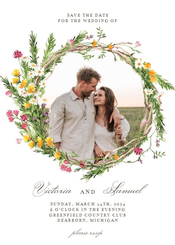 Spring flowers wreath photo - save the date card
