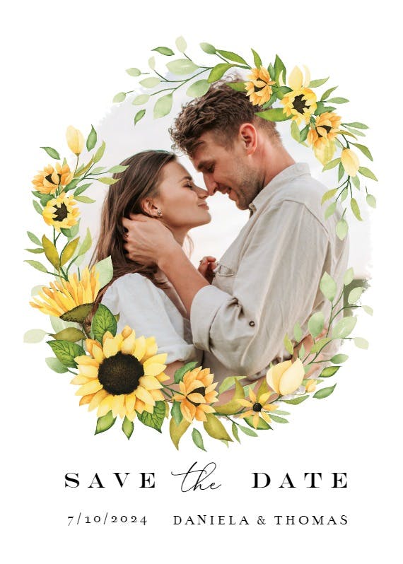 Sunflower open wreath photo - save the date card