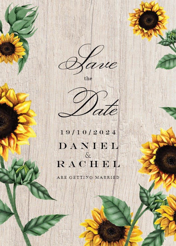Sunflowers and wood - save the date card