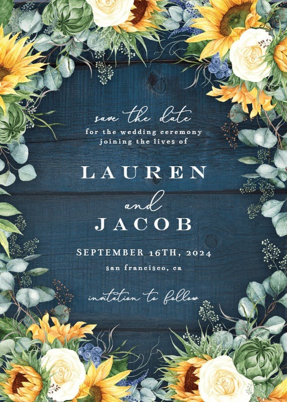 Sunflowers on navy blue wood - save the date card