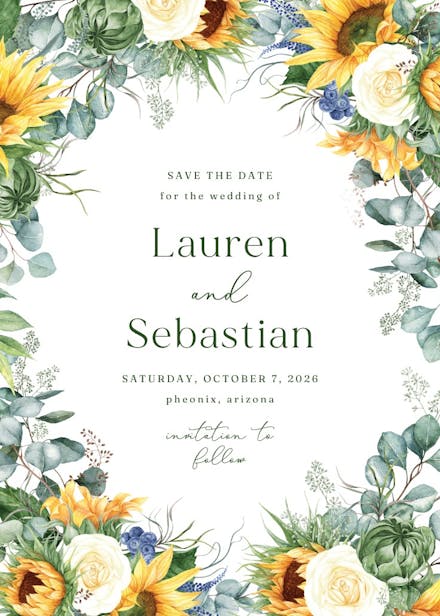 Sunflowers on navy blue wood - save the date card