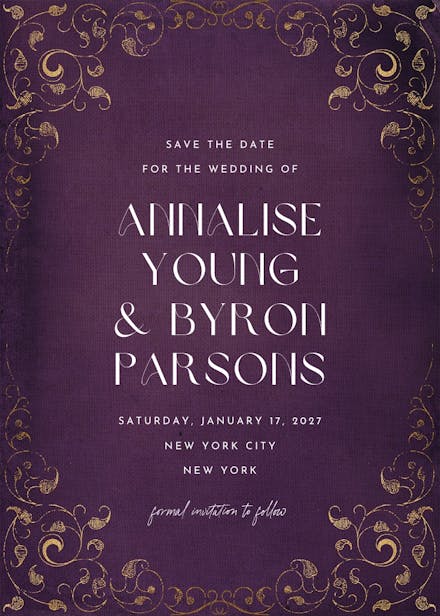 Swirls and frames purple - save the date card