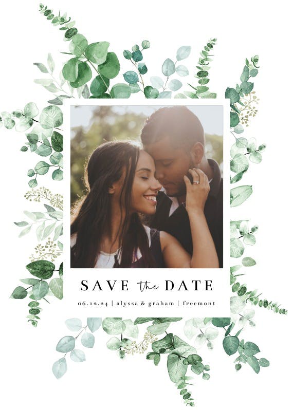 Watercolor eucalyptus frame - save the date card