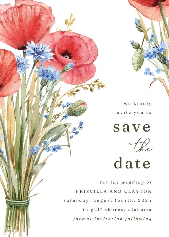 Watercolor poppies -  tarjeta para reserva la fecha