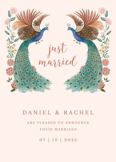 Peacock & flowers - wedding announcement