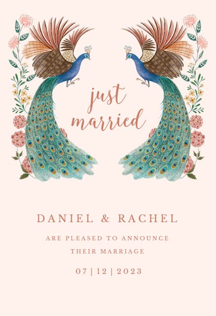 Peacock & flowers - Wedding Announcement