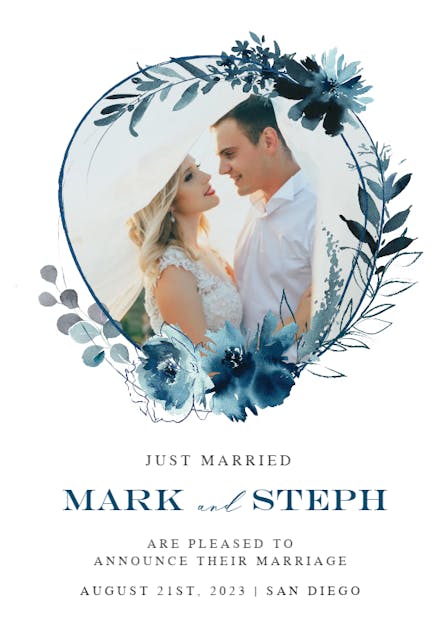 Prussian blue floral wreath - Wedding Announcement