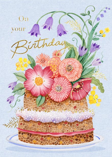 Vintage Flowers Cake Birthday Card