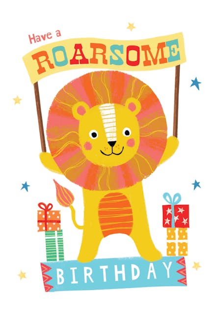 Mane Man, a hand drawn colourful happy birthday card for kids with a lion holding a banner