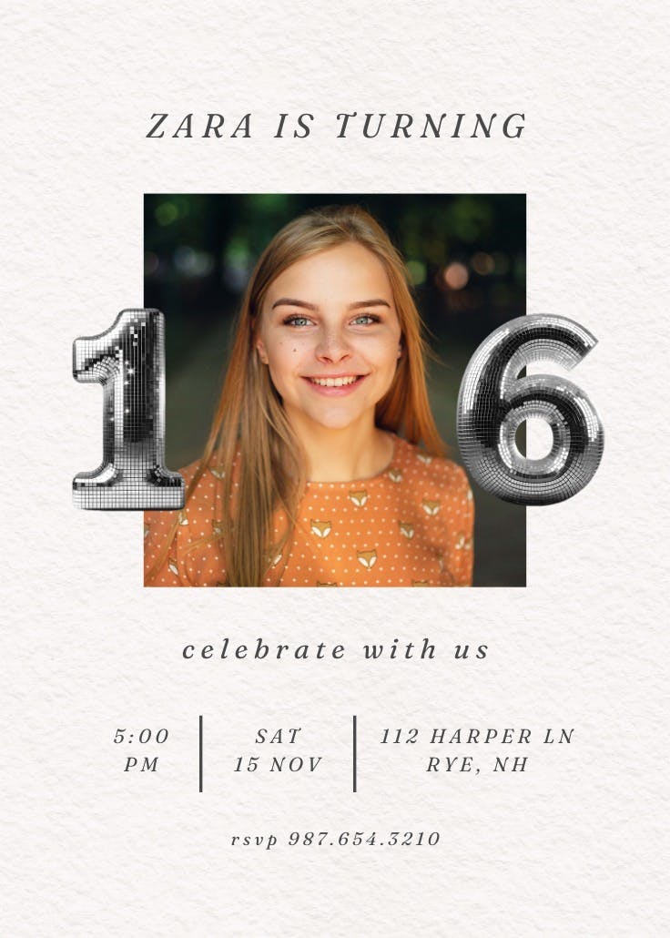 Disco numbers 16 - invitación de cumpleaños