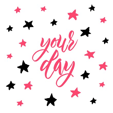 All Yours, a simple happy birthday card with stars in pink and black on a white background