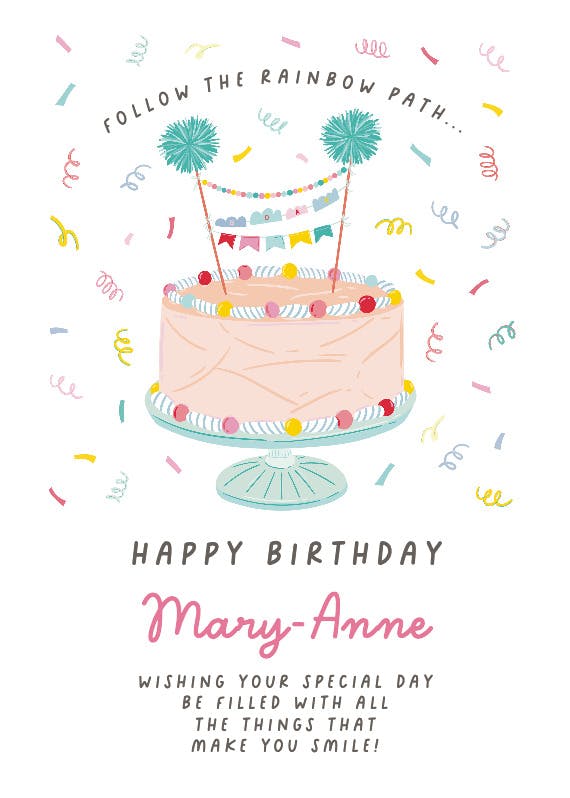 Candyland rainbow cake - happy birthday card
