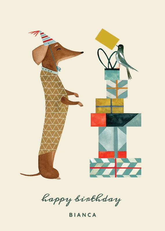 Dachshund and magpie -  tarjeta de cumpleaños gratis