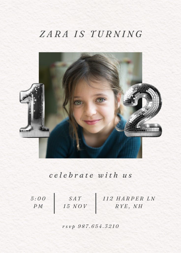 Disco numbers 12 - bar & bat mitzvah invitation