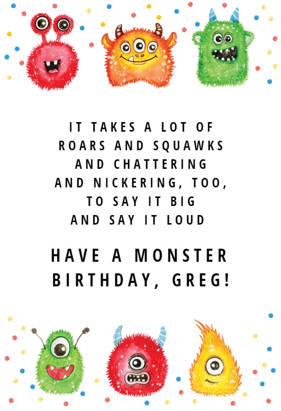 Friendly monsters - happy birthday card