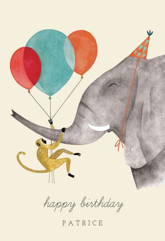 Elephant and monkey - happy birthday card