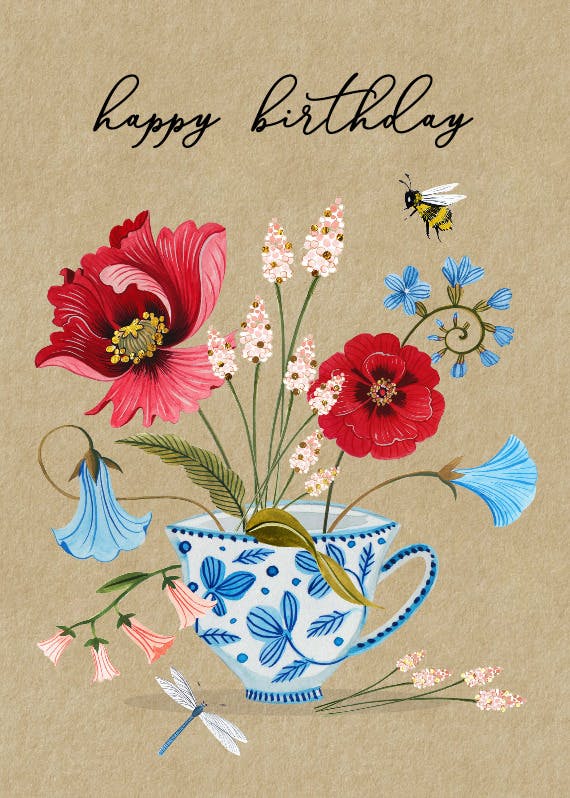 Floral teacup - happy birthday card