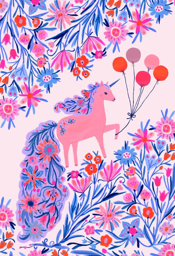 Floral unicorn - tarjeta de cumpleaños