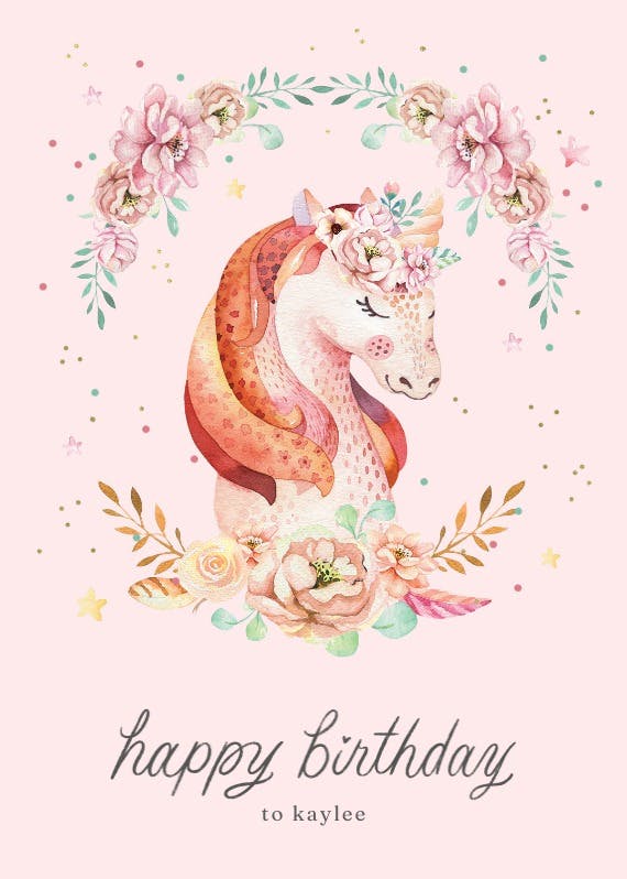 Floral wreath unicorn -  tarjeta de cumpleaños
